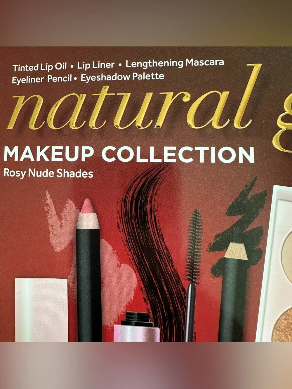 Natural Glam 5 Piece Makeup Collection Rosy Nude Eyeshadow Lip Oil Mascara Liner